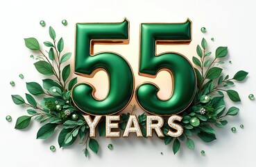 Illustration celebrates 55th anniversary with green elements, jewels. Green numbers 55 framed by leaves, gems. Ornament with floral design. Perfect for celebrating milestone achievements, corporate