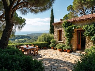 Mediterrane Terrasse mit Steinhaus und weitem Ausblick auf grüne Hügel und das Meer