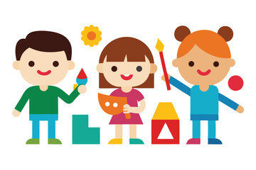 Art and craft themed cartoon icons of kids painting colorful Vector illustration