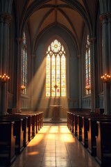 Fototapeta premium Serene Church Interior Soft Light, Stained Glass, Peaceful Prayer and Contemplation