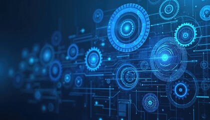 Obraz premium Futuristic blue tech background with gears, arrows. Illustration of digital innovation, mechanical progress. Concept for automation, network, cyber, interface, engineering. Tech industry graphic for