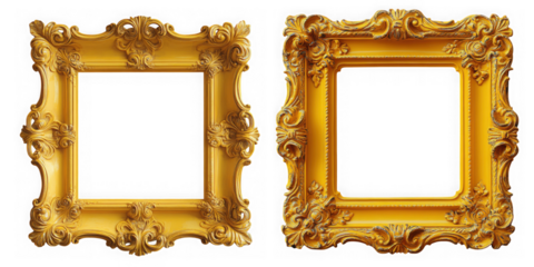 Two ornate gold frames with intricate details are isolated on transparent background