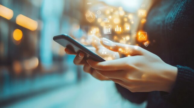 Woman using smartphone with digital icons in the background