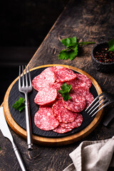 Sliced spicy tasty salami sausage