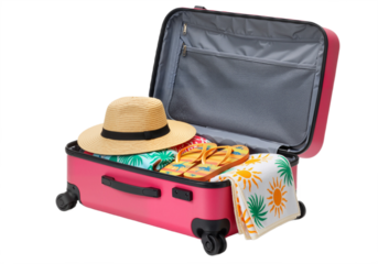 Open Pink Suitcase with Colorful Travel Essentials and Tropical Towel Against White Background, Radiating Adventure and Sunny Vacation Vibes