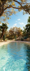 Beautiful landscape of a tropical garden with a swimming pool in the foreground. the pool is surrounded by lush greenery, including palm trees, cacti, and other tropical plants.