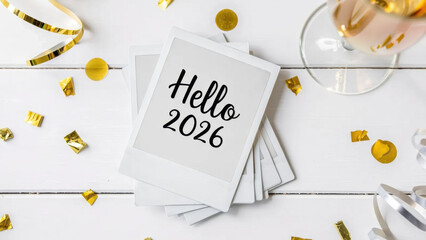 Hello 2026 text on polaroid photo with gold confetti and champagne for New Year holiday celebration flatlay