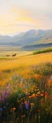 Obraz premium Beautiful landscape of a field of wildflowers with mountains in the background. the field is filled with a variety of colorful flowers in shades of orange, yellow, pink, purple, and blue.