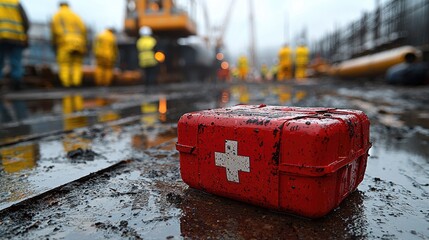 First aid kit on a muddy construction site.