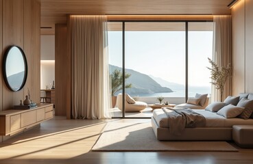 Modern bedroom with circular mirror, hallway in upscale residence. Minimalist design with natural light. Open plan apartment with sea view. Interior decor, furniture, comfortable, cozy, new home,