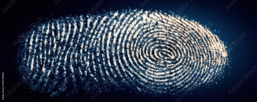 Poster digitally enhanced fingerprint rendering with luminous details on a dark blue background