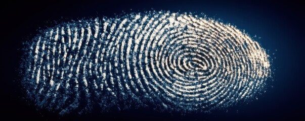 Digitally enhanced fingerprint rendering with luminous details on a dark blue background