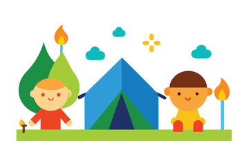 Obraz premium Boy and girl children camping in a forest tent with their dog, a fun nature illustration for families