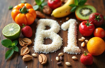 Foods rich vitamin B1 on wooden surface. Fresh fruits, vegetables, nuts, grains, and seeds compose letter B1. Healthy eating, dietary, diet, medical concepts. Vitamins, supplements, food, organic.