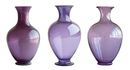 Three elegant purple glass vases, isolated on transparent background, showcase varying shapes and sizes in a still life composition