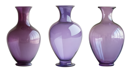 Three elegant purple glass vases, isolated on transparent background, showcase varying shapes and sizes in a still life composition