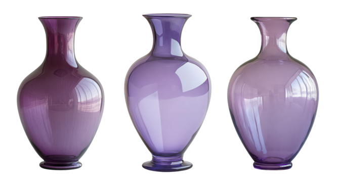 Three elegant purple glass vases, isolated on transparent background, showcase varying shapes and sizes in a still life composition