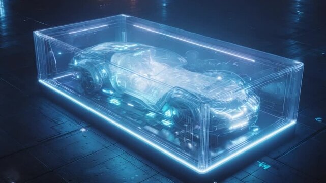 Futuristic vehicle inside a glowing, transparent container on a dark, metallic surface