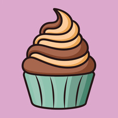 Flat Line Vector of Chocolate Cupcake with Swirl – Minimalist Dessert Illustration in Simple Outline Style – Sweet Baked Treat Isolated on White Background for Menus or Packaging