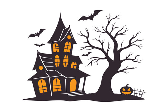 spooky haunted house with bats jack o lantern and bare tree perfect for halloween party invites seasonal posters and creepy decor