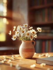 Vase with a bunch of white daisies in it on a wooden table. the vase is made of clay and has a handle on one side. the flowers are in full bloom and are scattered around the table.
