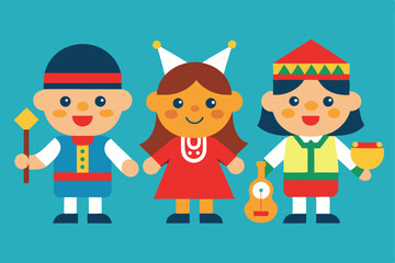 Cartoon vector illustration of police people, a policeman character, a boy, and a woman in uniform costumes with a hat, having fun with children