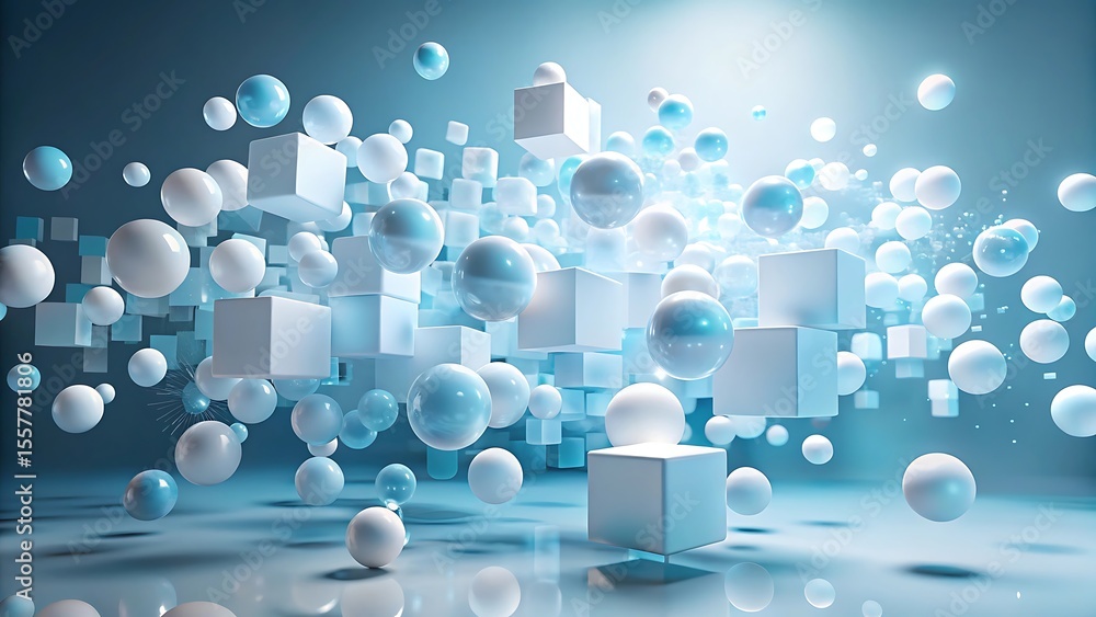 Poster white spheres and cubes float in a dynamic composition against a light blue background.