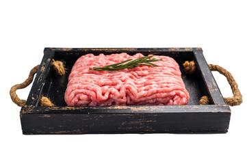 Fresh minced pork meat, raw mincemeat in wooden tray isolated on white background. top view