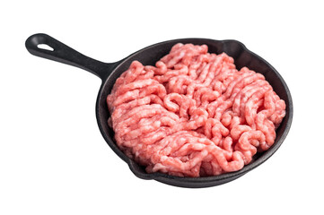 Ready for cooking raw ground pork and beef meat, fresh mince meat in skillet  isolated on white...