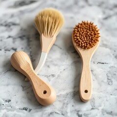 Isolated wooden kitchen utensils including spoons, forks, and brushes are arranged on a white background