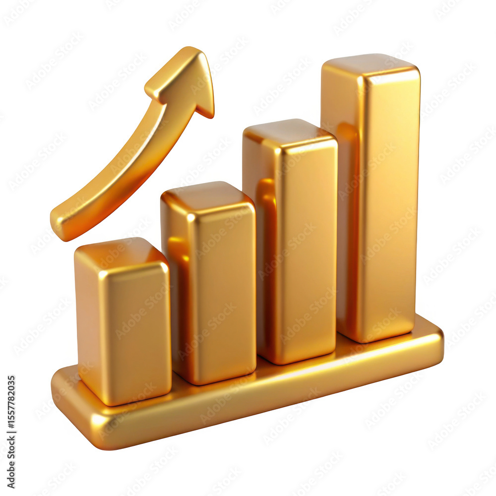 Poster 3d golden bar chart with upward arrow isolated on transparent background