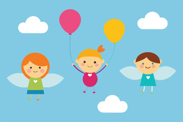 Naklejka premium Happy birthday cartoon children with balloons flying in the sky, a joyful vector illustration of kids, boys, and girls smiling