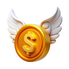3d golden dollar coin with wings isolated on transparent background