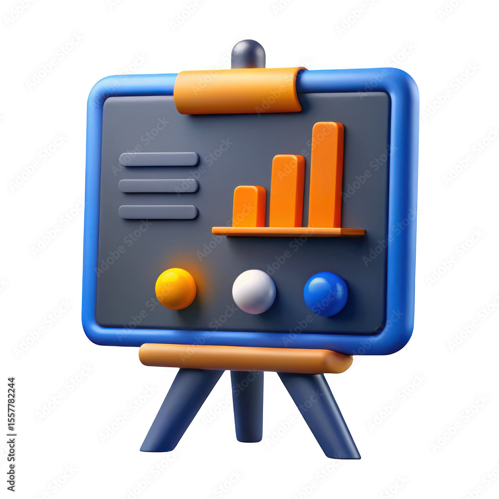Poster 3d presentation board with charts and spheres isolated on transparent background
