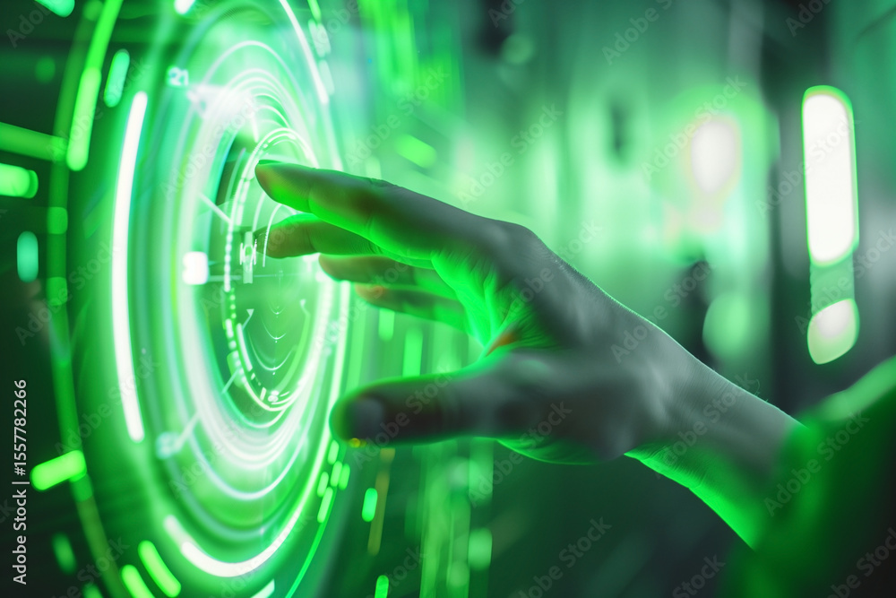 Aufkleber a hand touches a bright, circular, green interface. the image shows a seamless interaction of techno