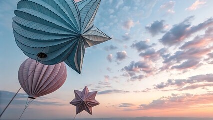 3D abstract shapes floating in a pastel sky, depth and shadows for visual punch

