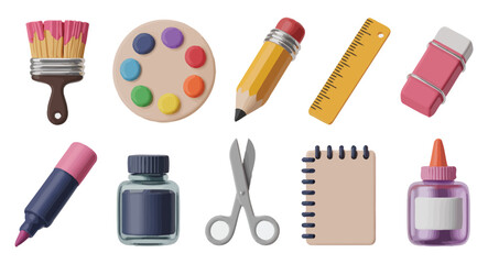 Collection of colorful school and art supplies including pencil, palette, paintbrush, ruler, scissors, eraser, glue, ink, and notebook