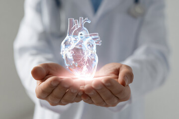 Doctor holding a transparent glowing heart in digital hologram
