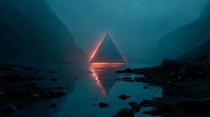 3D Icon of Glowing Triangle in Foggy Mountainous Landscape with Reflections on Water

