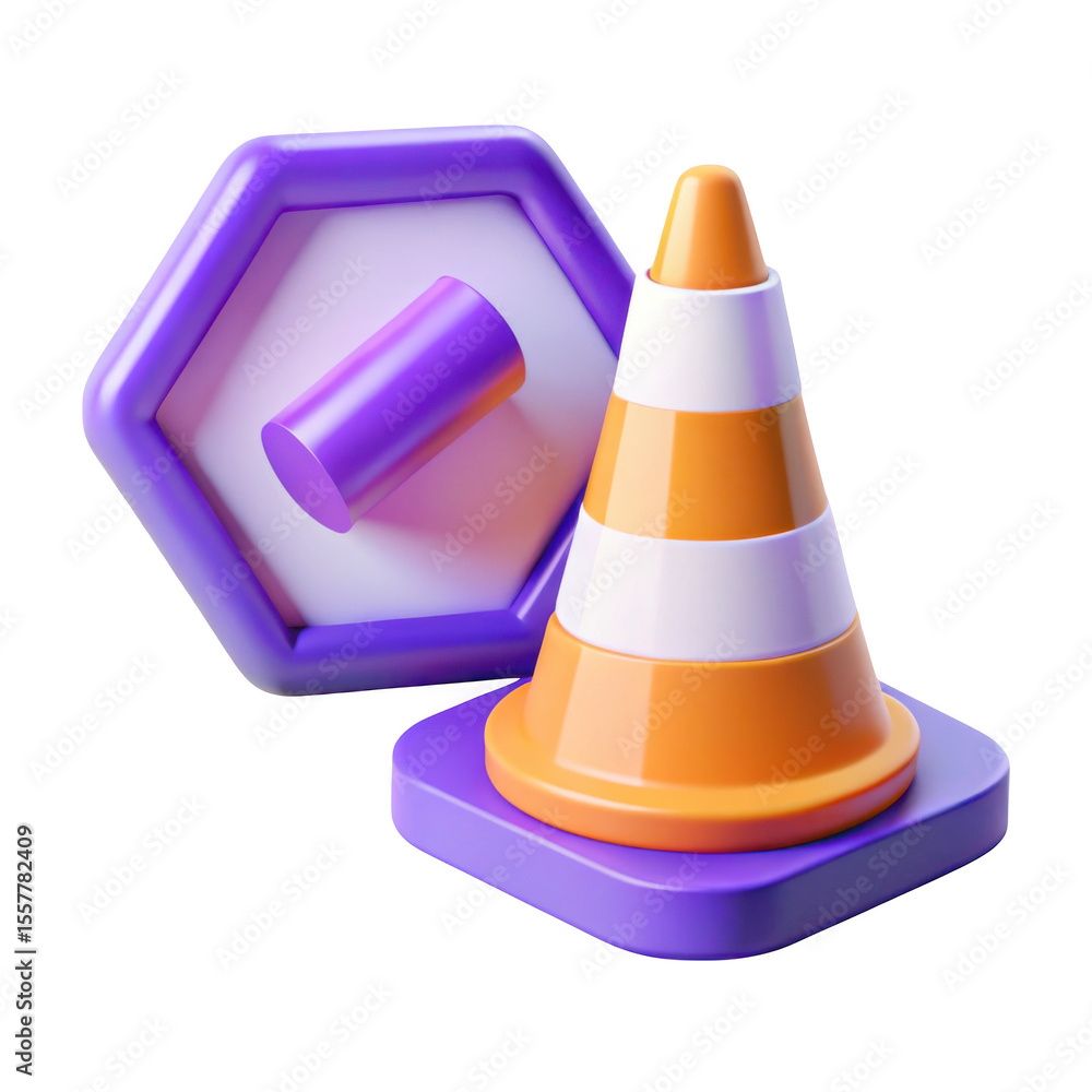 Poster 3d construction cone and hexagon symbol isolated on transparent background