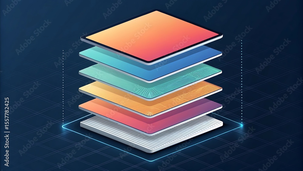 Poster isometric illustration of layered digital data structures, showcasing a vibrant gradient and intrica