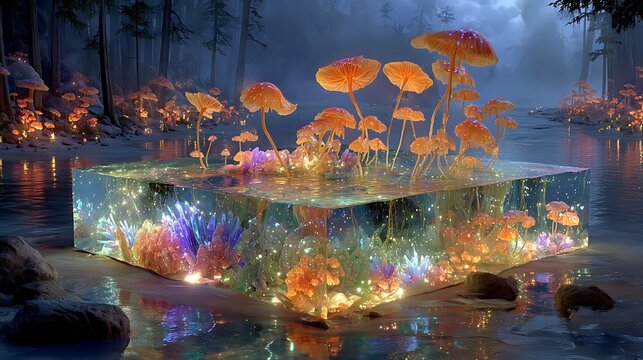 📝 Title:
3D Icon of Glowing Plants and Mushrooms Encased in Transparent Block Floating in Mystical Forest