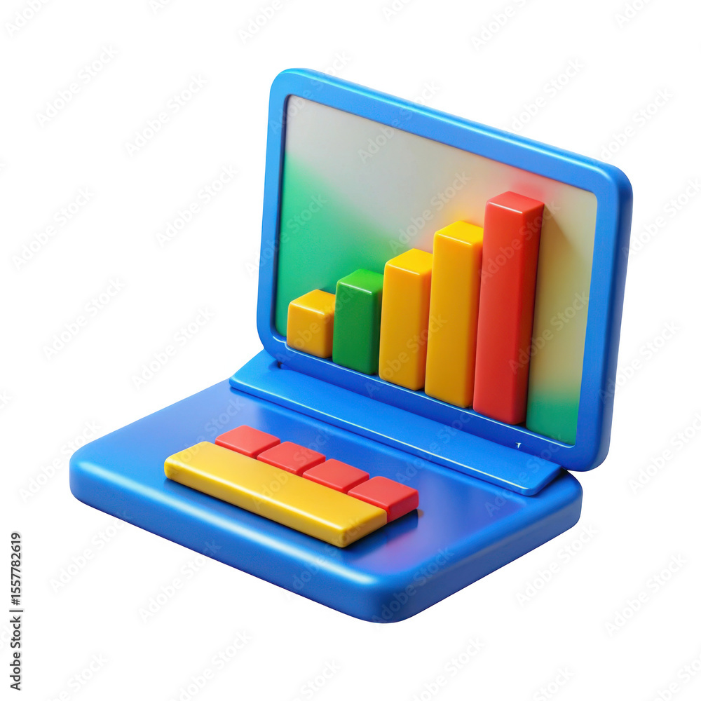 Poster 3d laptop with growing bar chart isolated on transparent background
