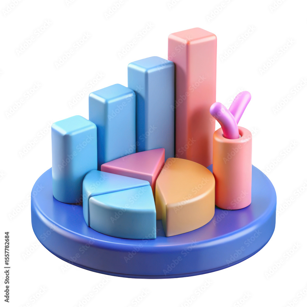 Poster 3d business growth chart and pie chart isolated on transparent background