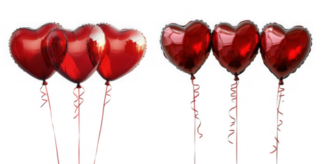 Two sets of three red heartshaped balloons float against a white background isolated on transparent background