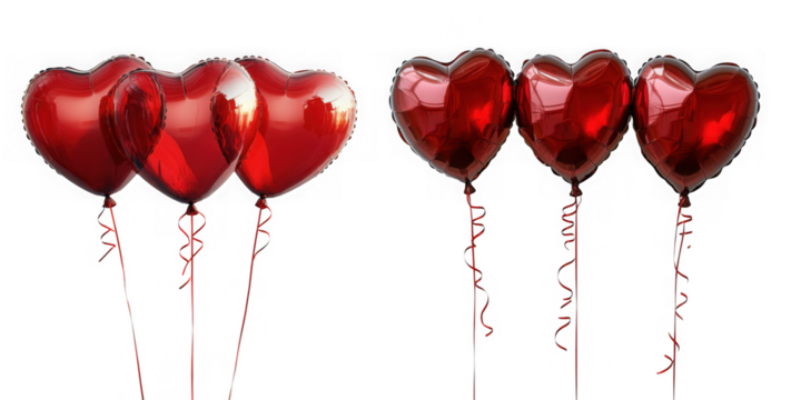 Two sets of three red heartshaped balloons float against a white background isolated on transparent background - Powered by Adobe