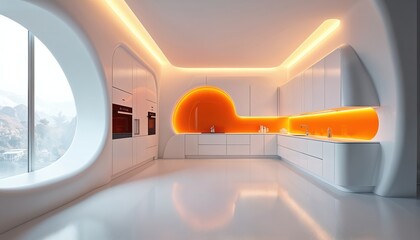 Futuristic kitchen design with sleek white surfaces warm orange lighting. Modern tech, stylish appliances, minimalist architecture interior, bright colors for luxury home decor. Kitchen design