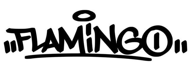 Flamingo graffiti tag in black hand-drawn style. A stylish and quirky bird design with urban street vibes, perfect for modern fashion and tropical themes.