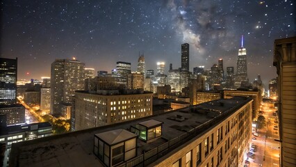 Rooftop view of a busy metropolis under the night sky with stars and glowing windows

