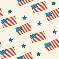 Seamless vector pattern with American flags and stars. Perfect for 4th of July, Independence Day, textile, wrapping, and patriotic designs. Modern, minimal, red white and blue.